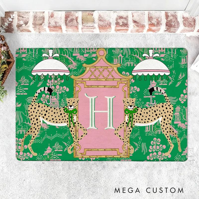 Personalized Leopard Pagoda Chinoiserie Non-Slip Door Mat with Initial Entryway Home Decor Housewarming Gift for Family