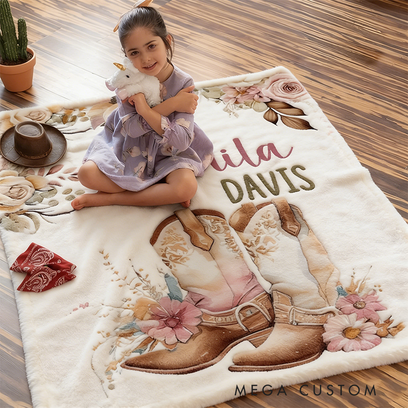 Personalized Floral Cowgirl Boots Western Soft Throw Blanket with Name Home Decor Western Nursery Birthday Gift for Cowgirls Friends