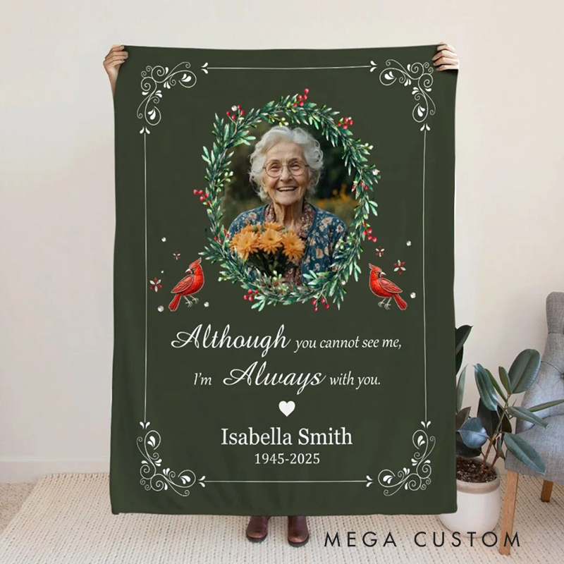 Personalized I'm Always with You Wreath Cardinal Soft Throw Blanket with Photo Name and Date Home Decor Memorial Gift for Family Friends