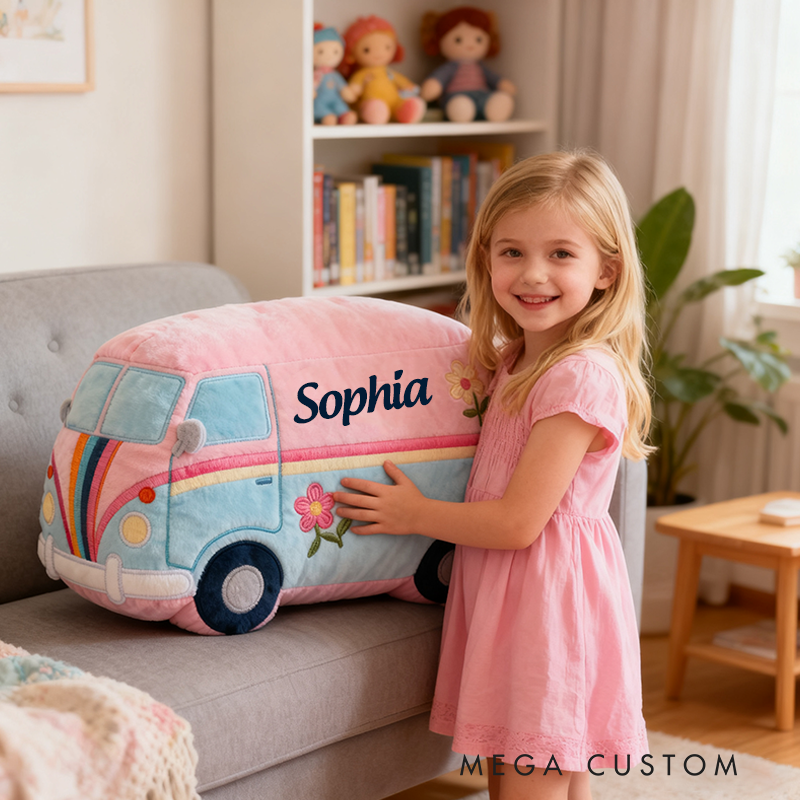 Personalized Hippie Van Pillow Pink and Blue Retro Design Floral Embroidery Boho Aesthetic Custom Pillow for Kids and Teens