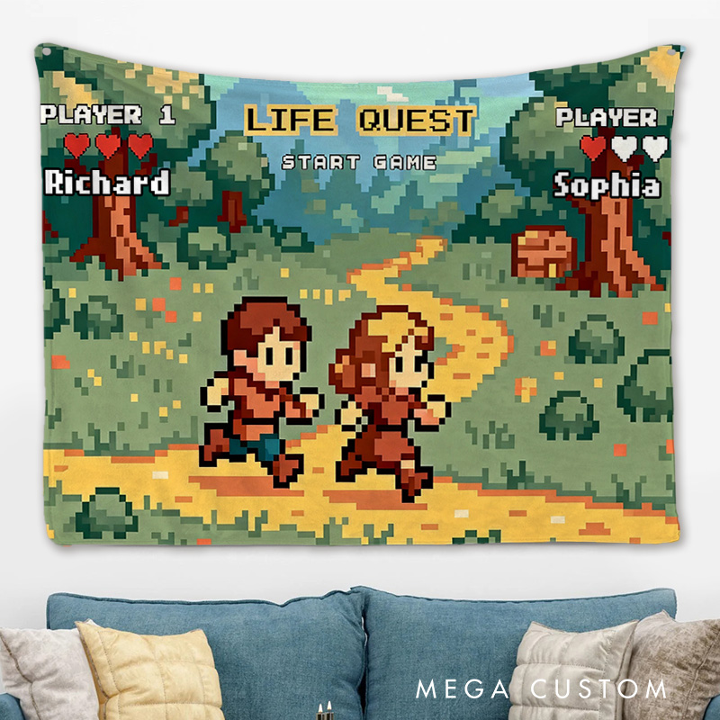 Personalized Adventure Couple Tapestry Pixel Art Video Game Tapestry Gift for Nerdy Wedding & Gaming Room Decor for Couples