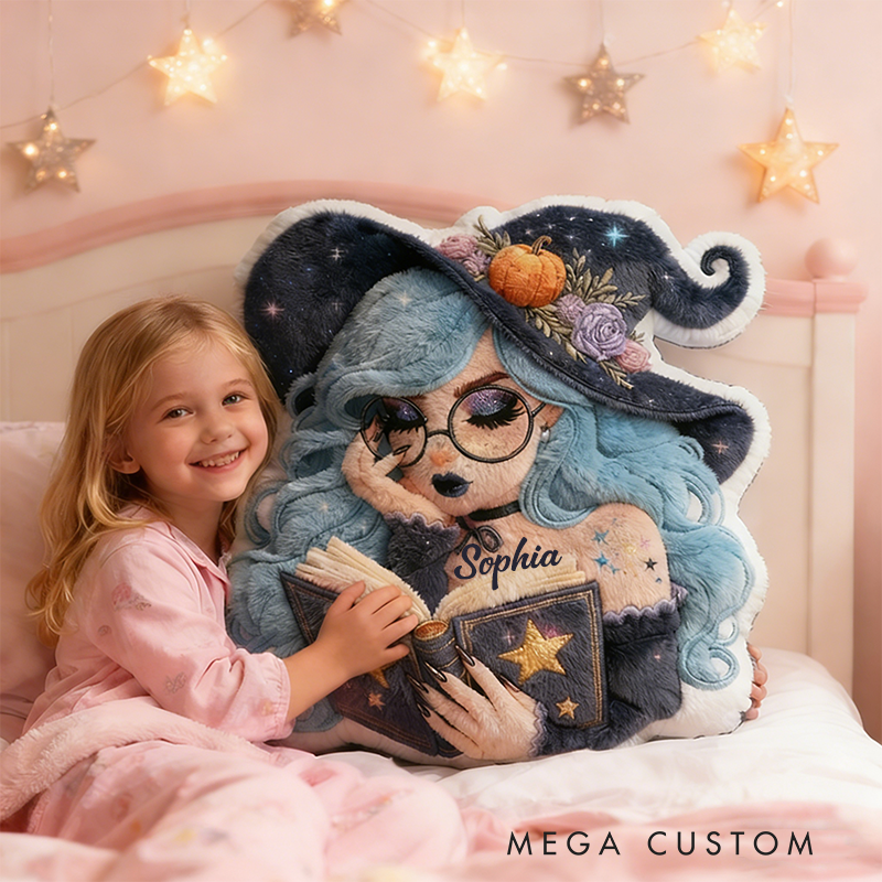 Personalized Name Witch Pillow with Magic Booka and Enchanting Mystical Design Graphic 3D Print Pillow for Kids