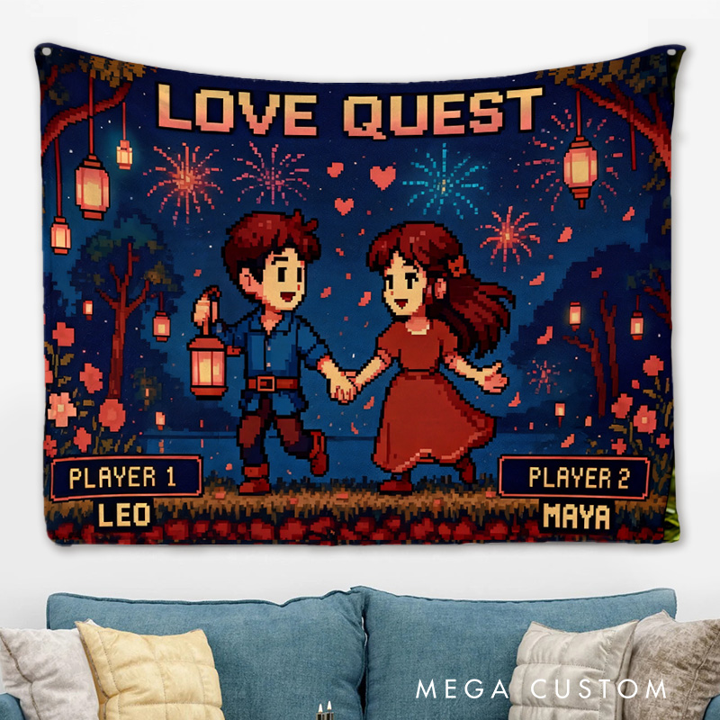 Personalized New Year Couple Tapestry Video Game Tapestry Gift for Nerdy Wedding & Gaming Room Decor for Couples
