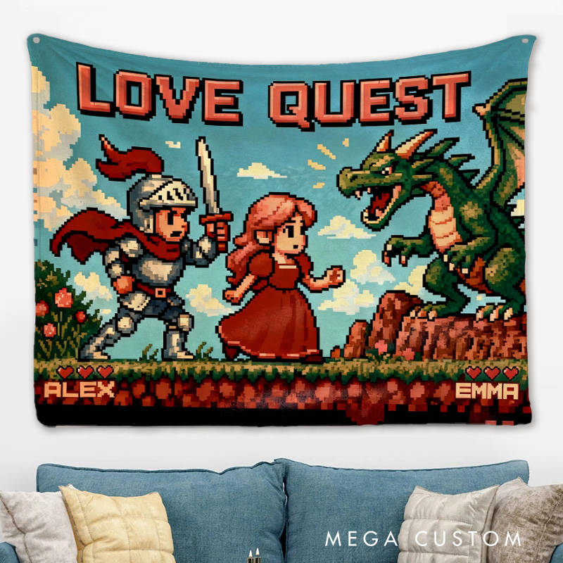 Personalized the Hero And the Dragon Couple Tapestry Pixel Art Throw Retro Video Game Tapestry Gift for Nerdy Wedding & Gaming Room Decor for Couples