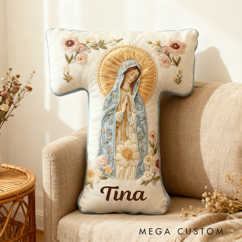 Personalized Virgin Mary Letter Pillow with Custom Name Home Decor Religious Gift for Her Catholic Gift for Women Floral Graphic 3D Print Pillow