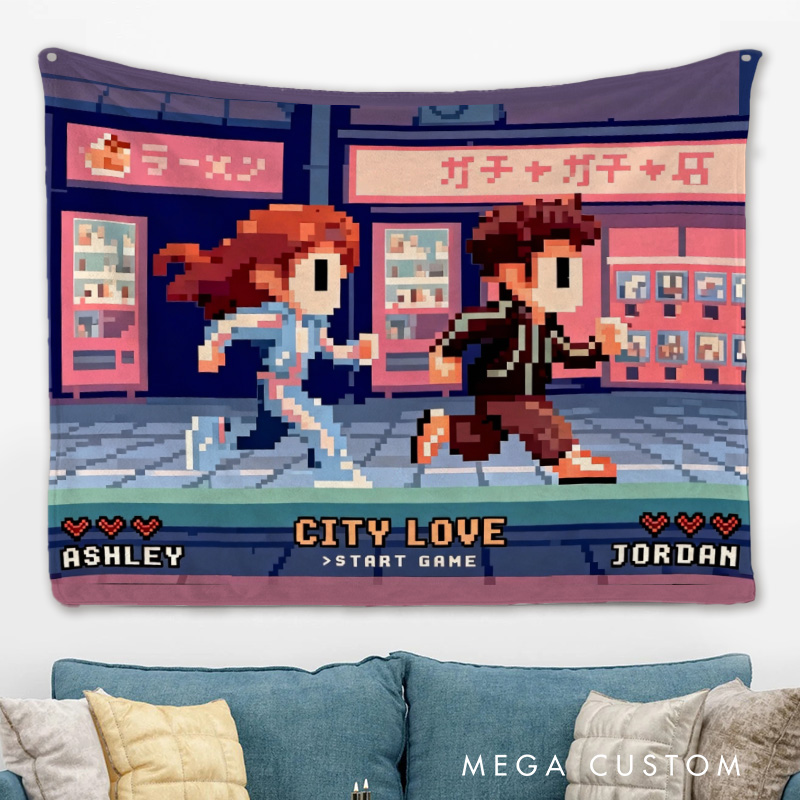 Personalized City Love Couple Tapestry Pixel Art Retro Video Game Tapestry Gift for Nerdy Wedding  Gaming Room Decor for Couples