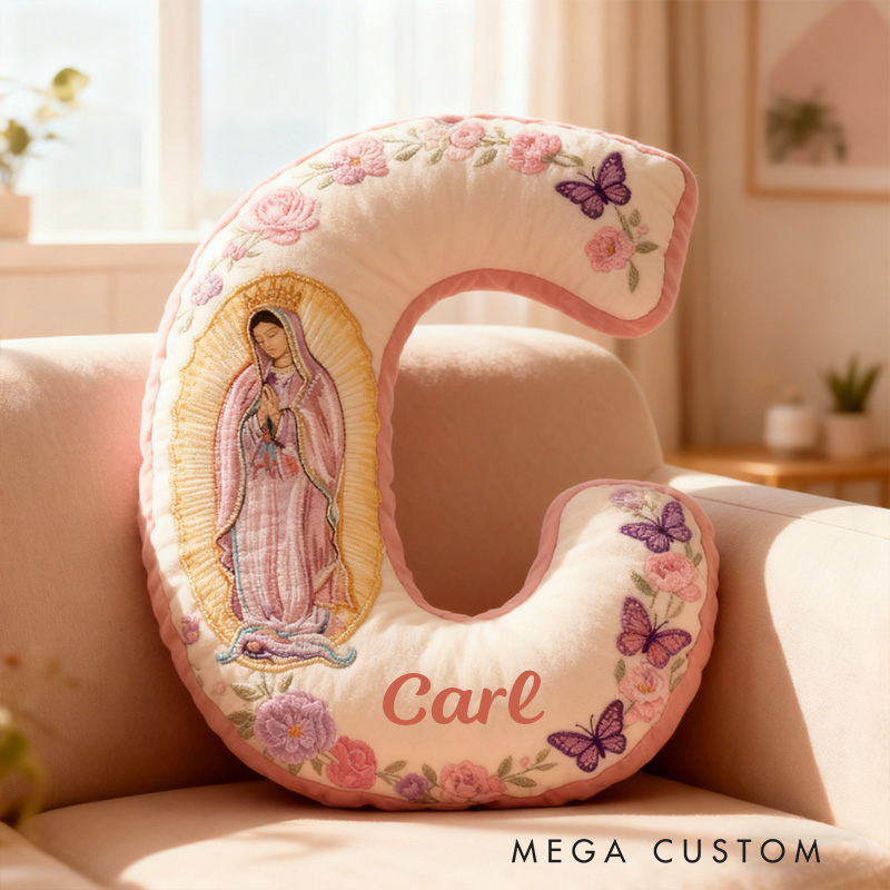 Personalized Virgin Mary Letter Pillow with Custom Name Faith Christian Home Decor Catholic Gift for Her Floral and Butterfly Graphic 3D Print Pillow