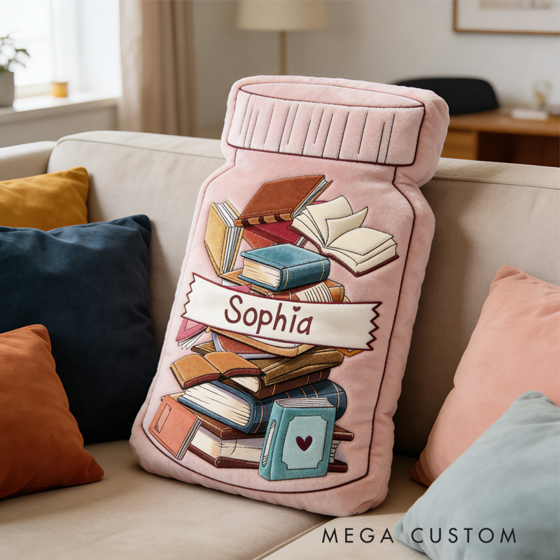 Personalized Book Jar Throw Pillow Graphic 3D Print Book Pillow with Name for Book Lover Bookish Bookworm Christmas Gift