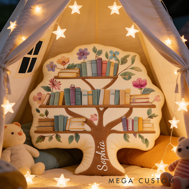 Personalized Tree Bookshelf Throw Pillow Graphic 3D Print Floral Bookshelf Pillow with Name for Book Lover Bookish Bookworm Reader Christmas Gift
