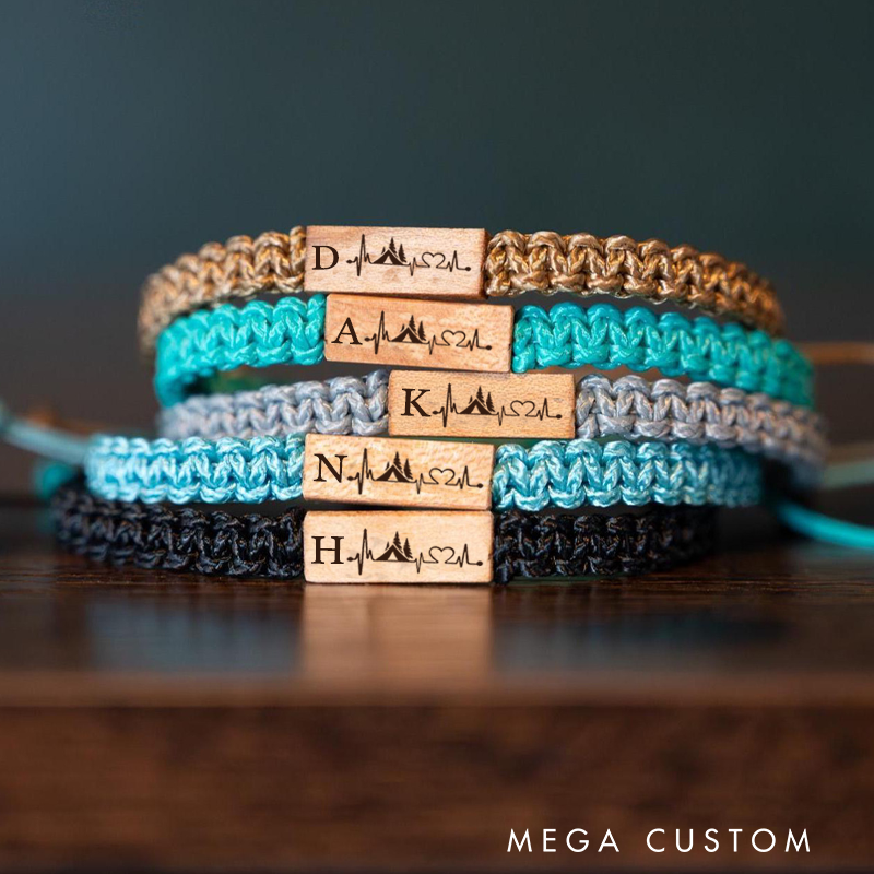 Personalized Initial Bracelet with Heartbeat Wooden Camping Bracelets Outdoor Adventure Lover Gifts