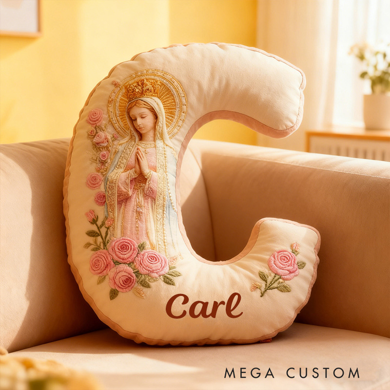 Personalized Our Lady of Guadalupe Letter Pillow with Custom Name Home Decor Catholic Gift for Prayer & Faith Virgin Mary Pink Rose Graphic 3D Print