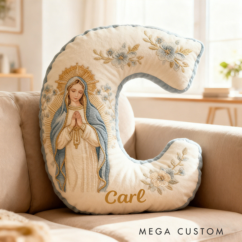 Personalized Virgin Mary Letter Pillow with Custom Name Religious Home Decor Catholic Gift for Her Prayer & Faith Gift Floral Graphic 3D Print Pillow