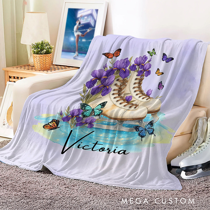 Personalized Birth Flower Ice Skates Blanket Flannel Blanket Figure Skater Blanket with Name for Ice Skating Lovers Birthday Gift for Girls