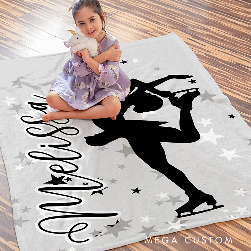 Personalized Skating Girl Silhouette Blanket Flannel Blanket Figure Skater Blanket with Name for Ice Skating Lovers Birthday Gift for Girls