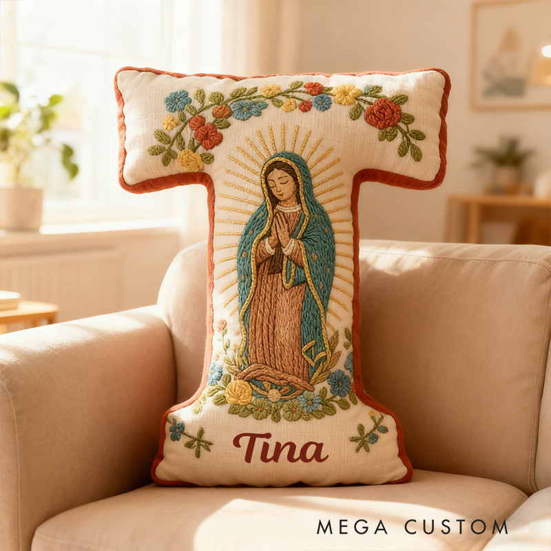 Personalized Virgin Mary Letter Pillow with Custom Name Faith Christian Home Decor Catholic Gift for Her Our Lady of Guadalupe Floral Graphic 3D Print