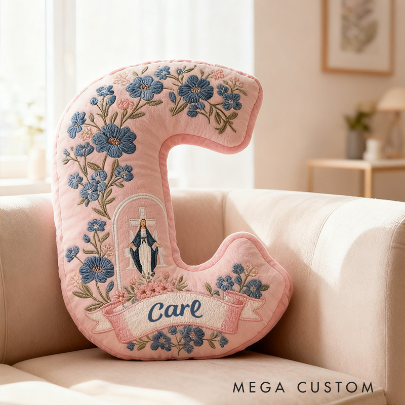 Personalized Virgin Mary Letter Pillow with Custom Name Home Decor Religious Gift Catholic Gift for Her Cross and Marian Graphic 3D Print Pillow