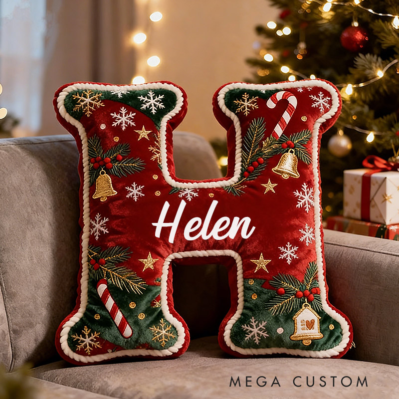 Personalized Christmas Initial Pillow Graphic 3D Print Custom Name Festive Holiday Decor Cozy Home Accent Soft Cushion Gift for Kids Family