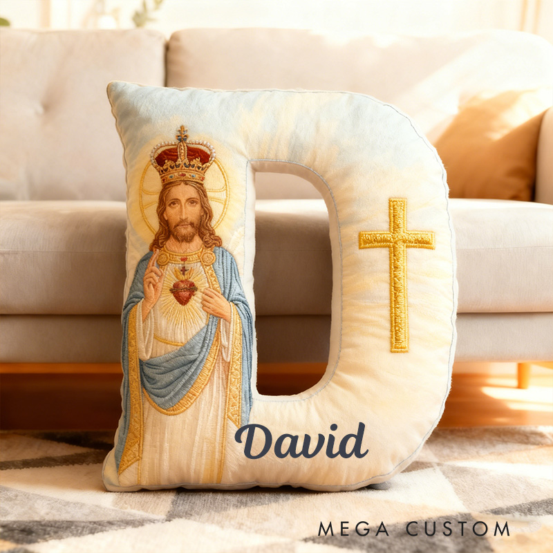 Personalized the Sacred Heart of Jesus Letter Pillow with Custom Name Religious Home Decor Christian Gift for Prayer & Faith Graphic 3D Print Pillow