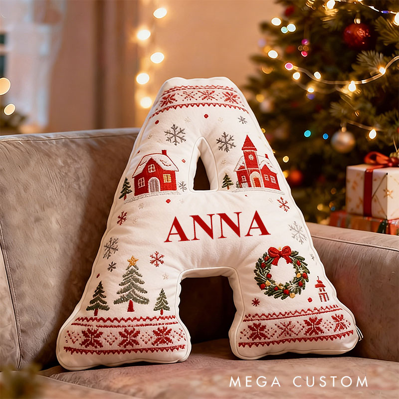 Personalized White Christmas Letter Pillow Graphic 3D Print Custom Name Holiday Decor Cushion with Seasonal Perfect Gift for Family Christmas Gift