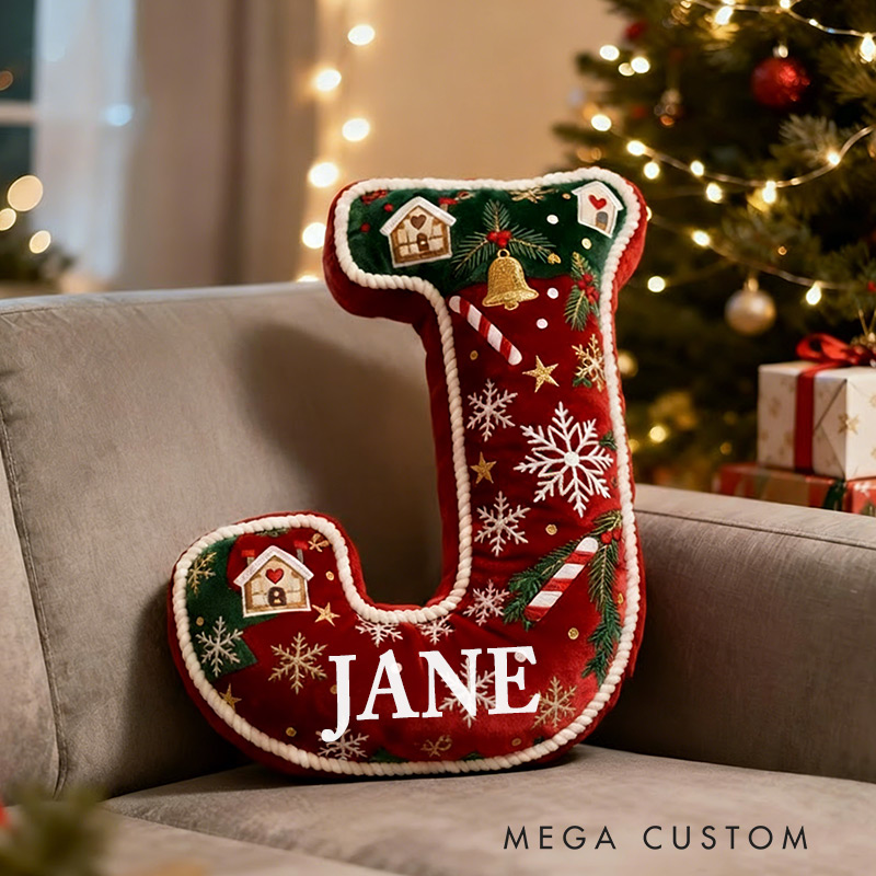 Personalized Christmas Initial Pillow Graphic 3D Print Custom Name Pillow Festive Holiday Decor Cozy Home Accent Soft Cushion Gift for Kids Family