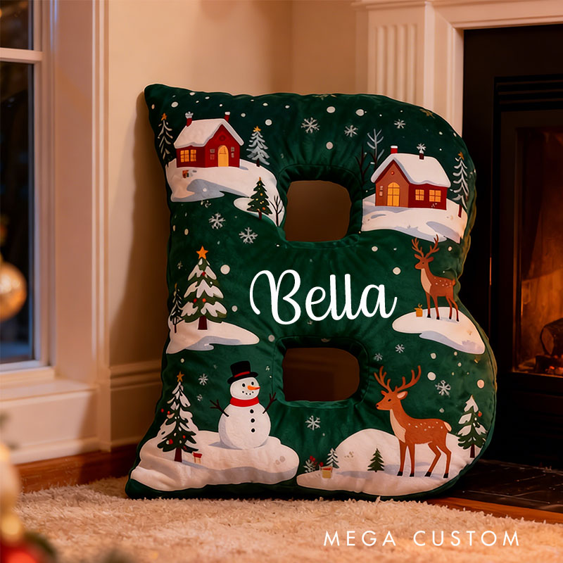 Personalized Green Christmas Letter Pillow Custom Name Festive Decor with Snowman Reindeer First Christmas in New Home Gift Graphic 3D Print