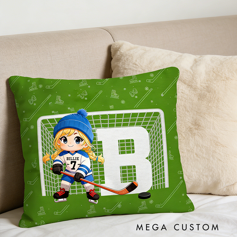 Personalize Your Childs Ice Hockey Pillow with Custom Name and Number