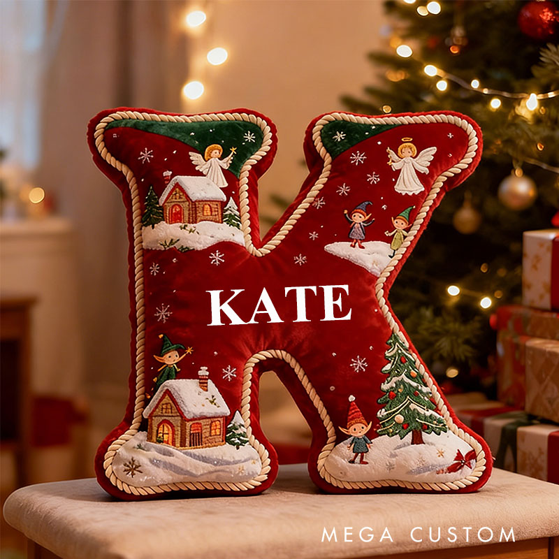 Personalized Red Christmas Initial Pillow 26 Letter Pillow Graphic 3D Print Custom Name Festive Decor with Angels Elves Cabin Family Gifts