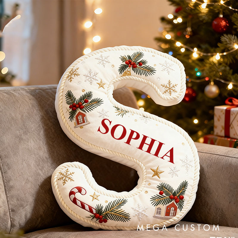 Personalized Christmas Letter Pillow Graphic 3D Print Custom Name Cozy Holiday Decor with Festive Candy Cane and Holly Design Soft Accent Cushion