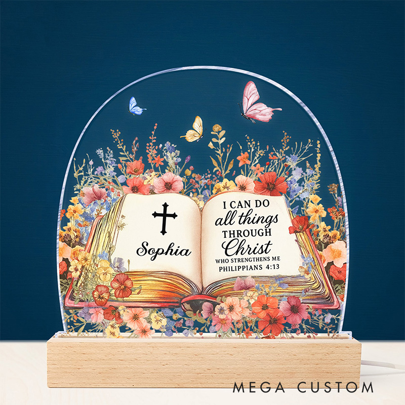 Personalized Name with Book of Favorite Bible Verses LED Night Light Home Decor Butterfly and Floral Night Light Religious Christian Gift for Her
