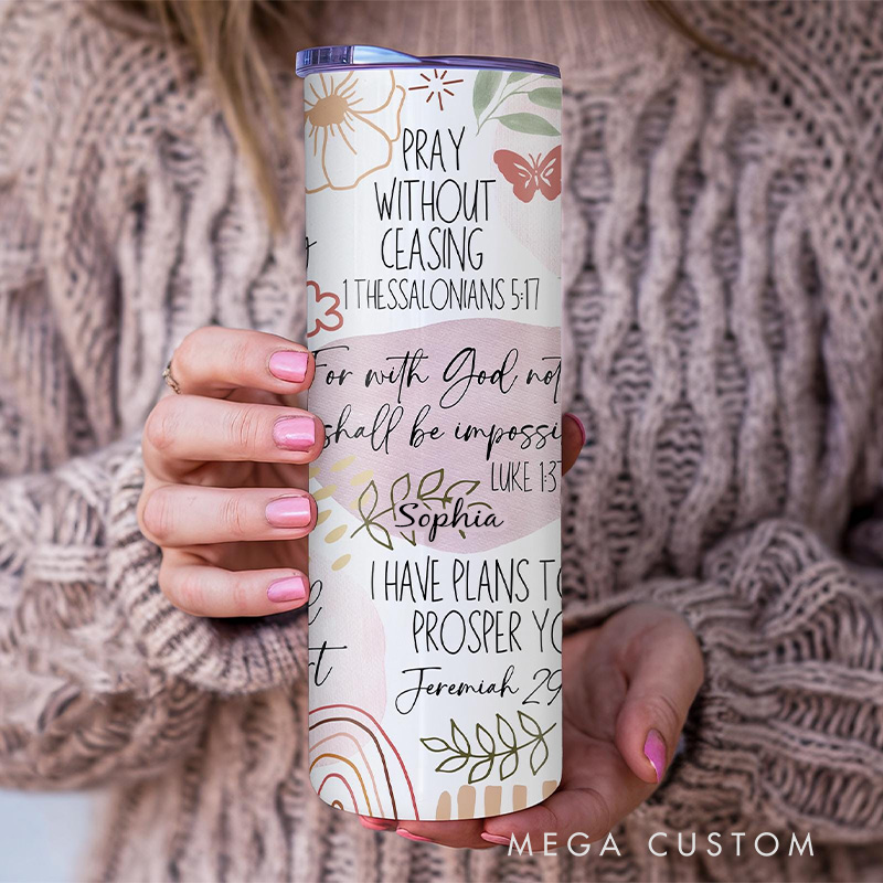 Personalized Bible Verse 20oz Skinny Tumbler with Lid and Straw Custom Name Tumbler with Scripture Faith Based Cup for Christian Religious Gift