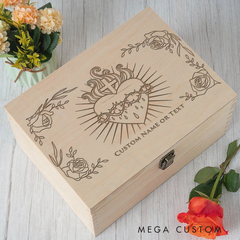 Personalized Sacred Heart Wooden Keepsake Box with Custom Name or Text Faith Home Decor Christian Memory Box Prayer Box Catholic Gift Religious Gift