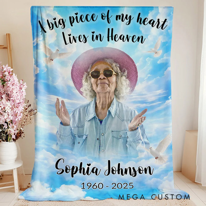 Personalized White Dove Heaven Photo Soft Throw Blanket with Name and Year Memorial Sympathy Gift for Loss Family 