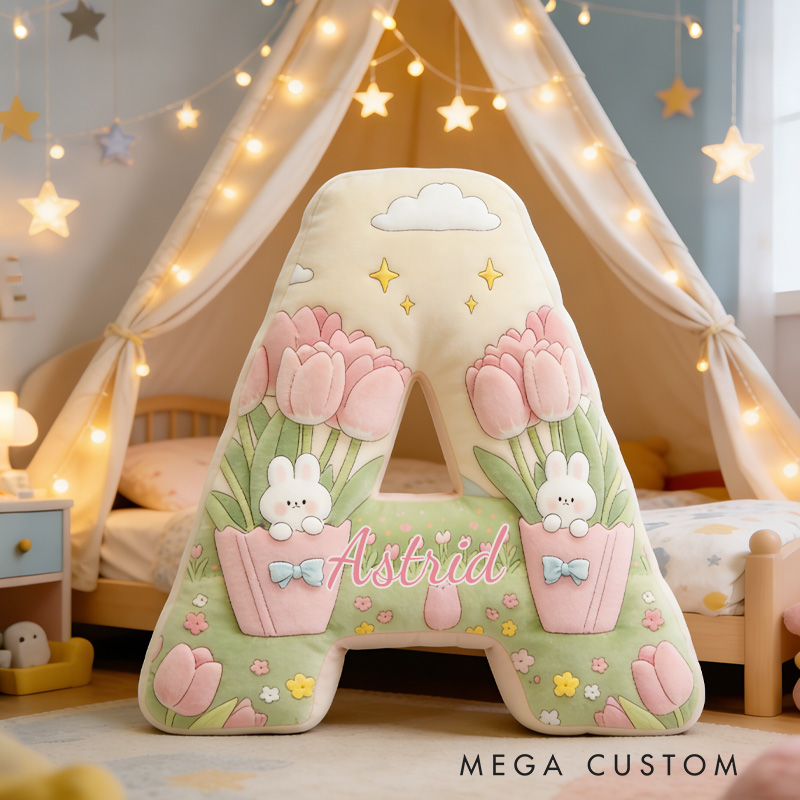 Personalized Rabbit and Tulip Throw Pillow Graphic 3D Print Tulip Pillow with Name for Girl Boy Kids Gardening Lover Christmas Gifts Loving Room Decor