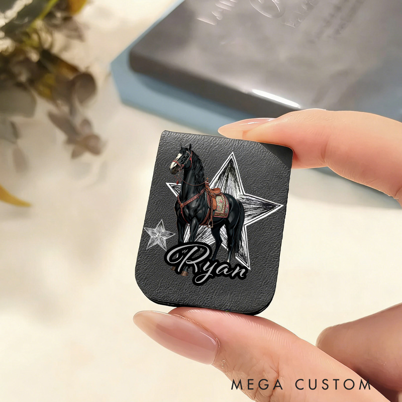 Personalized Horse PU Leather Magnetic Bookmark Clip with Name Daily Use Birthday Gift for Book Lovers Riding Lovers Equestrian Lovers