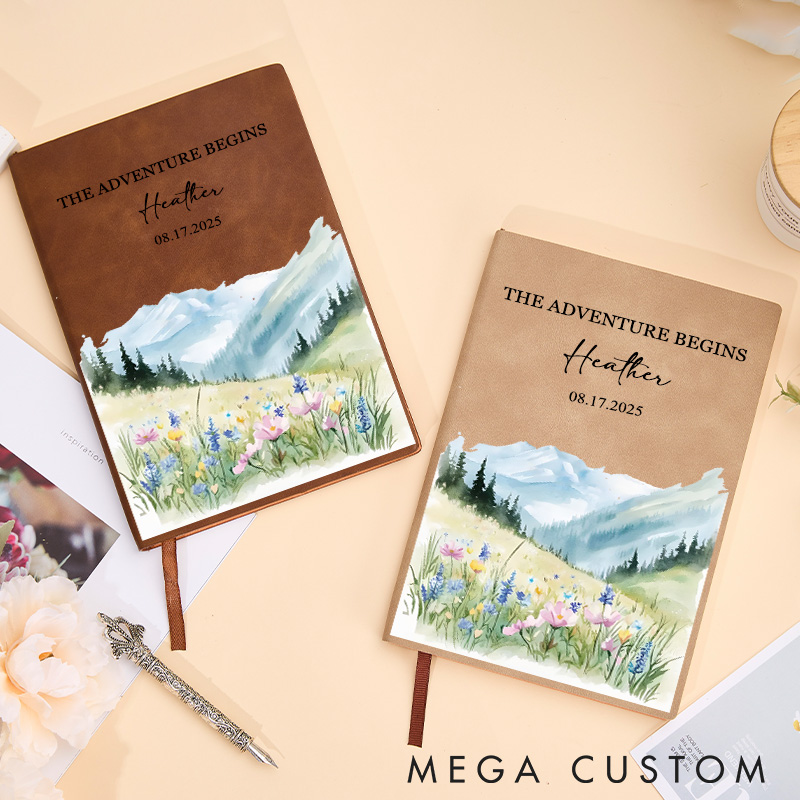Personalized Scenic Adventure Journal Hiking Watercolor Landscape Notebook Meadow Floral Nature Journal Outdoor Adventurers Lover Gift