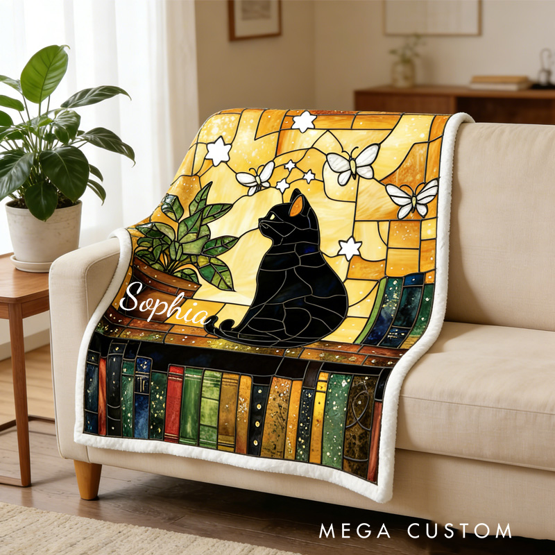 Personalized Stained-Glass Style Books Throw Blanket Custom Book and Cat Blanket for Book Lovers Reader Bookish Bookworm Librarian Gift