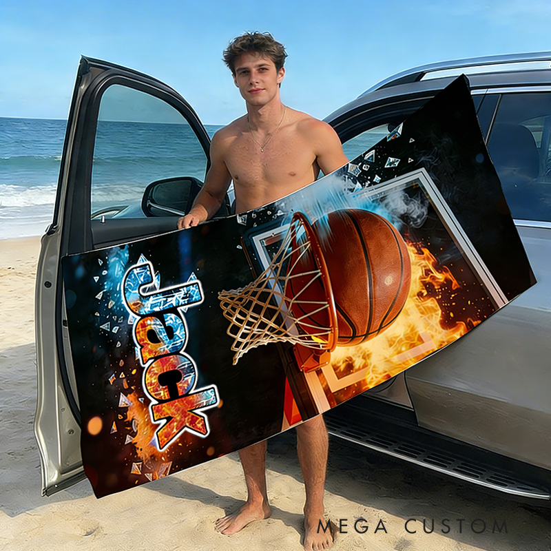 Personalized Basketball Magnetic Beach Towel with Custom Name for Basketball Enthusiasts and Outdoor Lovers