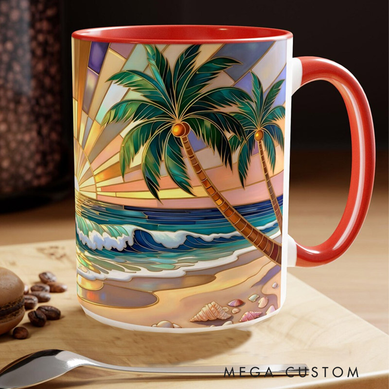 Personalized Beach Sunrise Stained Glass Style Mug Custom Name for Traveling Lovers