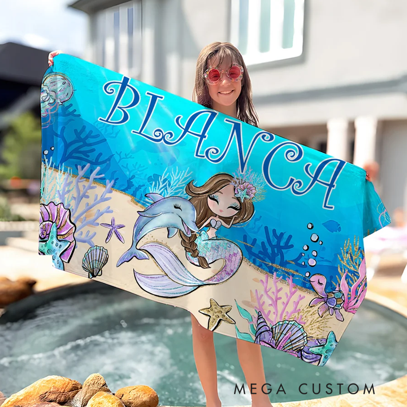 Personalized Fantasy Mermaid Quick Dry Oversized Beach Towel with Name Beach Party Holiday Gift for Girls