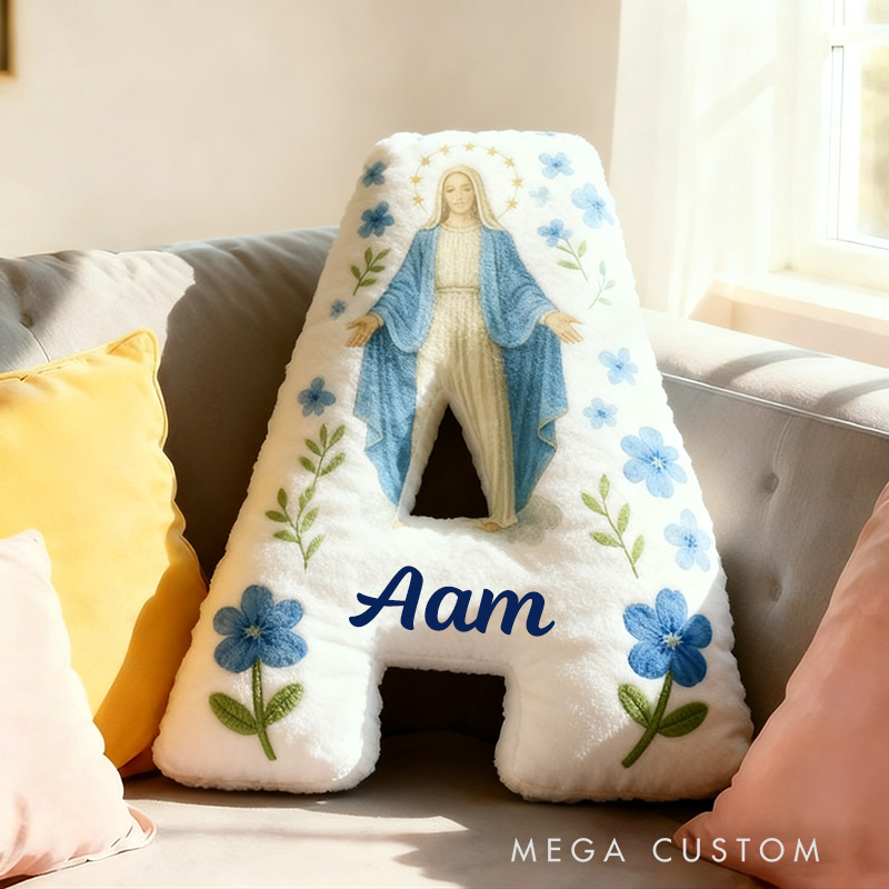 Personalized Catholic Virgin Mary Letter Pillow with Name Home Decor Our Lady Pillow Blue Floral Catholic Marian Pillow Christian Gift for Women