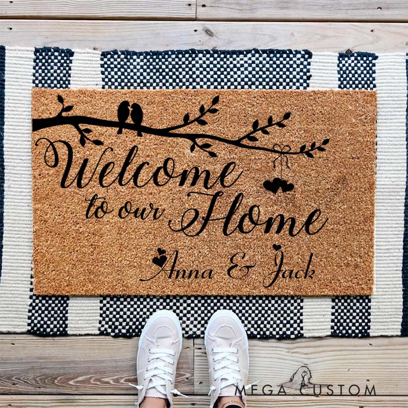 Personalized Welcome Door Mat Welcome to our Home Mat with Love Birds Indoor Outdoor Rug for Couple Housewarming Gift