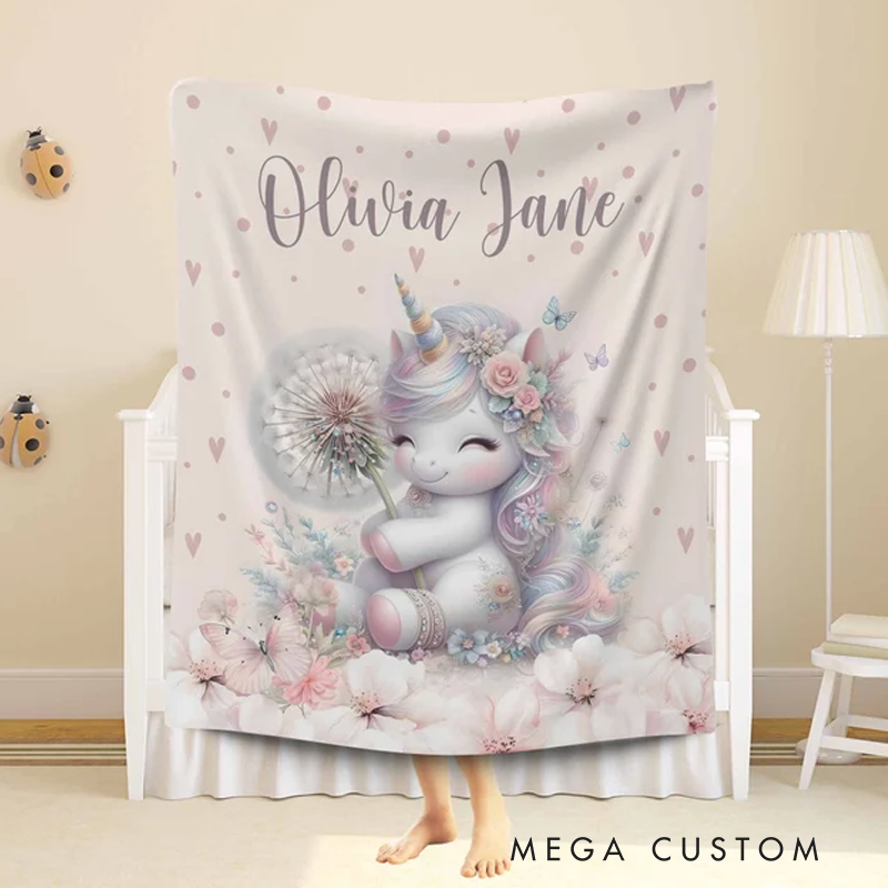 Personalized Christmas Blanket Little Unicorn Kids Custom Name Blanket Spring Floral Baby Shower Gift For Girls