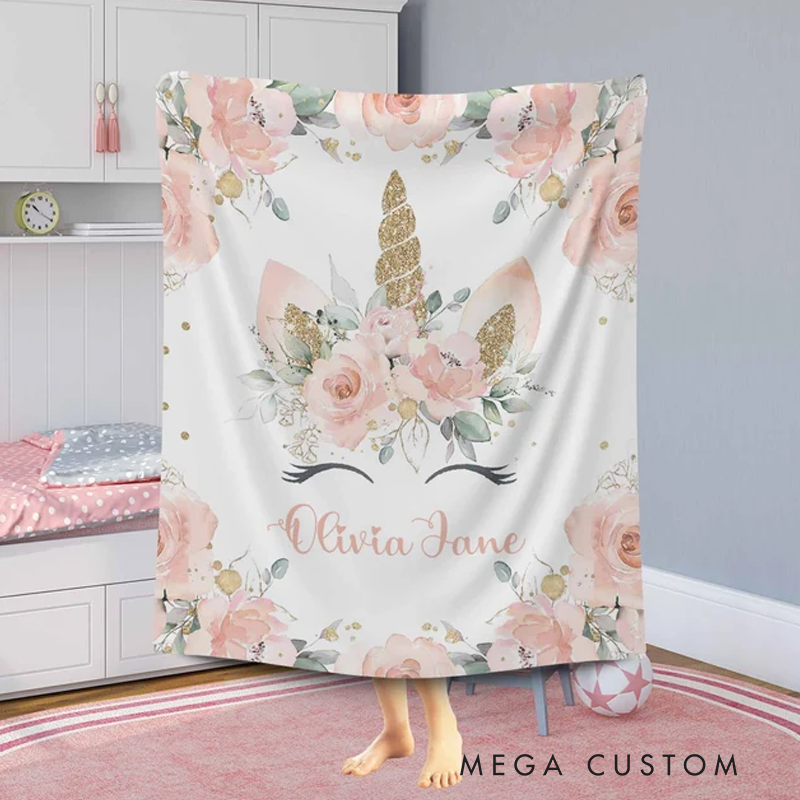Personalized Christmas Blanket Kids Custom Name Blanket Pink Flowers Magic Girl Room Decor Kids Custom Name Gift Magic Throw Best Fan Gift