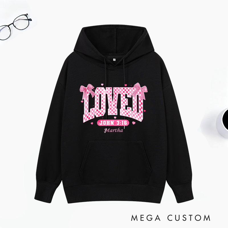 Personalized Checkered Loved John 3:16 Bible Verse Classic Hoodies with Name Retro Hoodies Religious Gift Valentines Day Gift for Couple