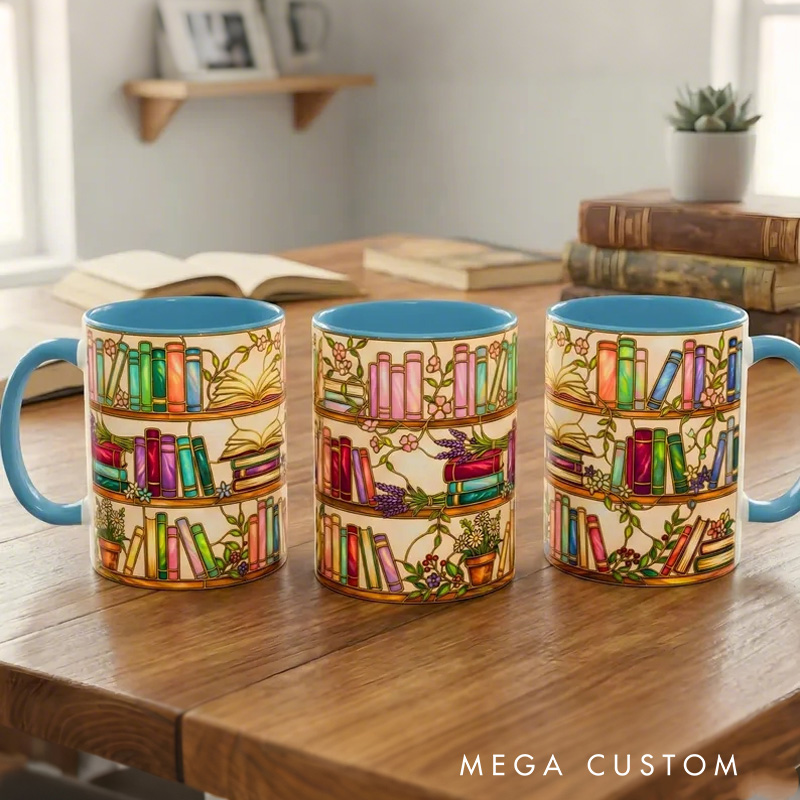 Personalized Stained Glass Floral Bookshelf Mug Custom Colorful Bookish Reader Coffee Cup with Name for Bookworm Reader Book Lover Booktoker Librarian Gift