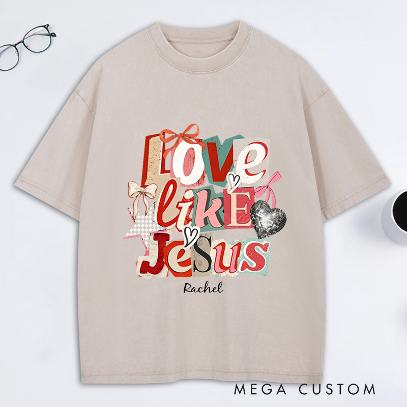 Personalized Love Like Jesus Vintage Washed T-Shirt with Custom Name Preppy Valentine’s Day Checkered Tee Coquette Jesus Shirt Valentine’s Day Gift