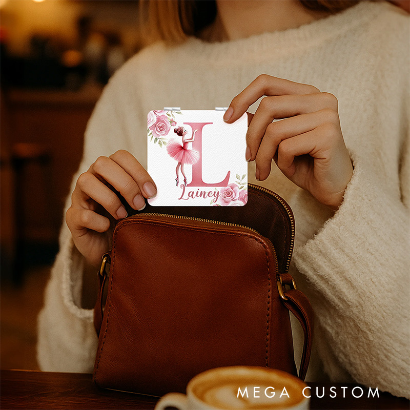 Personalized Ballerina Alphabet Floral PU Leather Makeup Mirror Dance Team Gift Dancer Gift Travel Hair Case for Dancer Dance Lover Kids