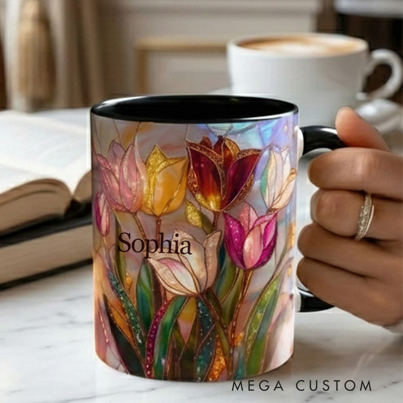 Personalized Stained Glass Print Tulip Mug Floral Art Mug Custom Name for Gardening Lovers