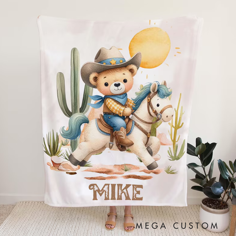 Personalized Cowboy Horse Blanket Personalized Western Nursery Blanket Toddler Animals Throw Kids Custom Name Blanket Baby Shower Gift For Boys