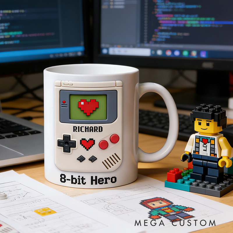 Personalized 2D Flat 8 Bit Hero Mug Gamer Mug Player Controller Video Game Mug Gamer Gift Coffee Mug